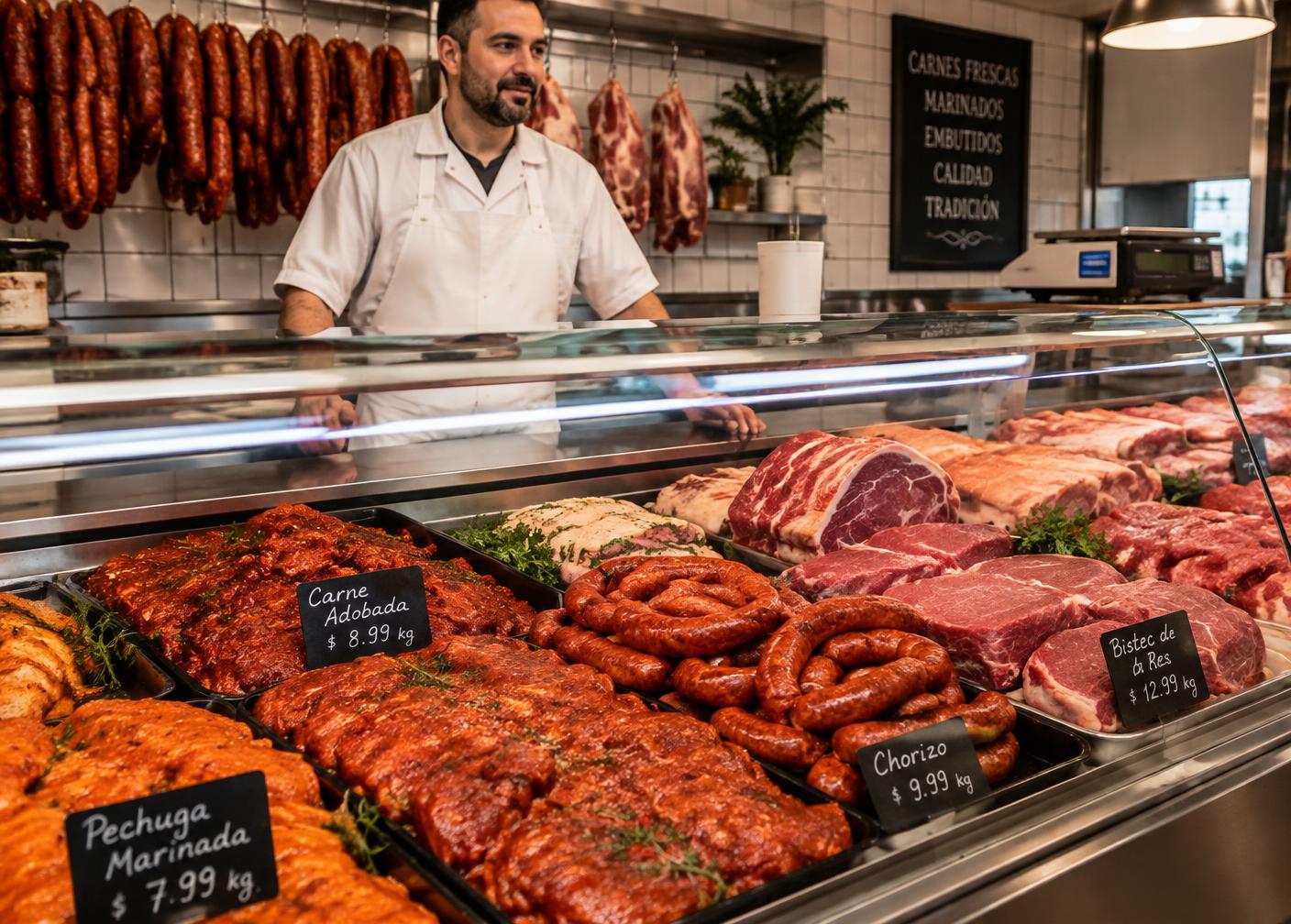 Butcher counter with fresh cuts and marinated meats